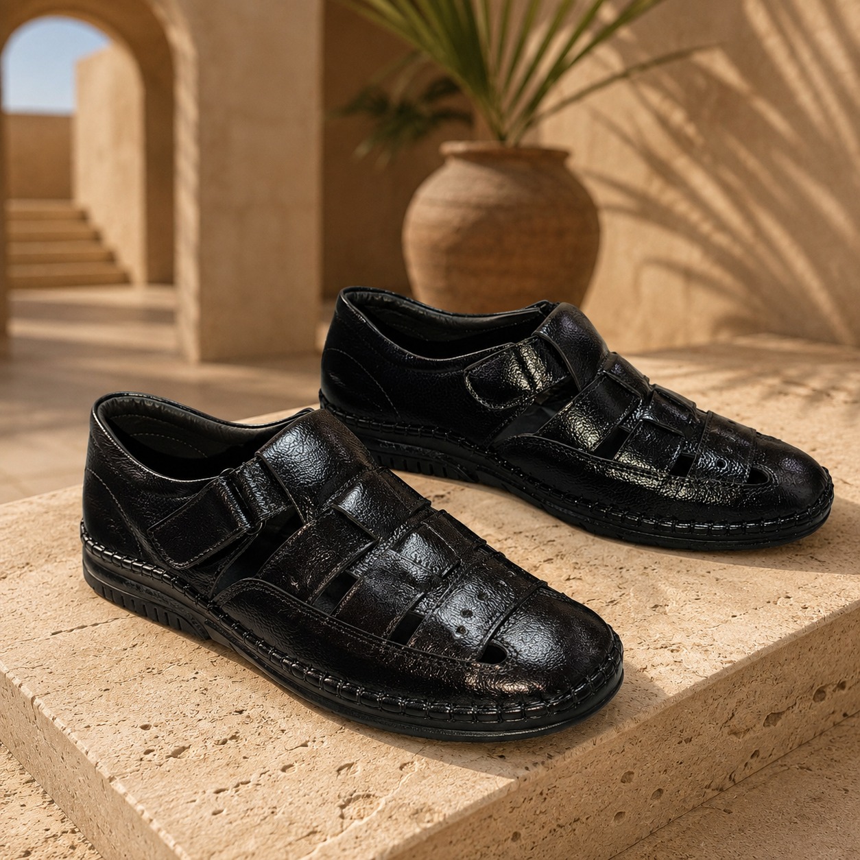 Men's Lightweight Leather Black Sandals